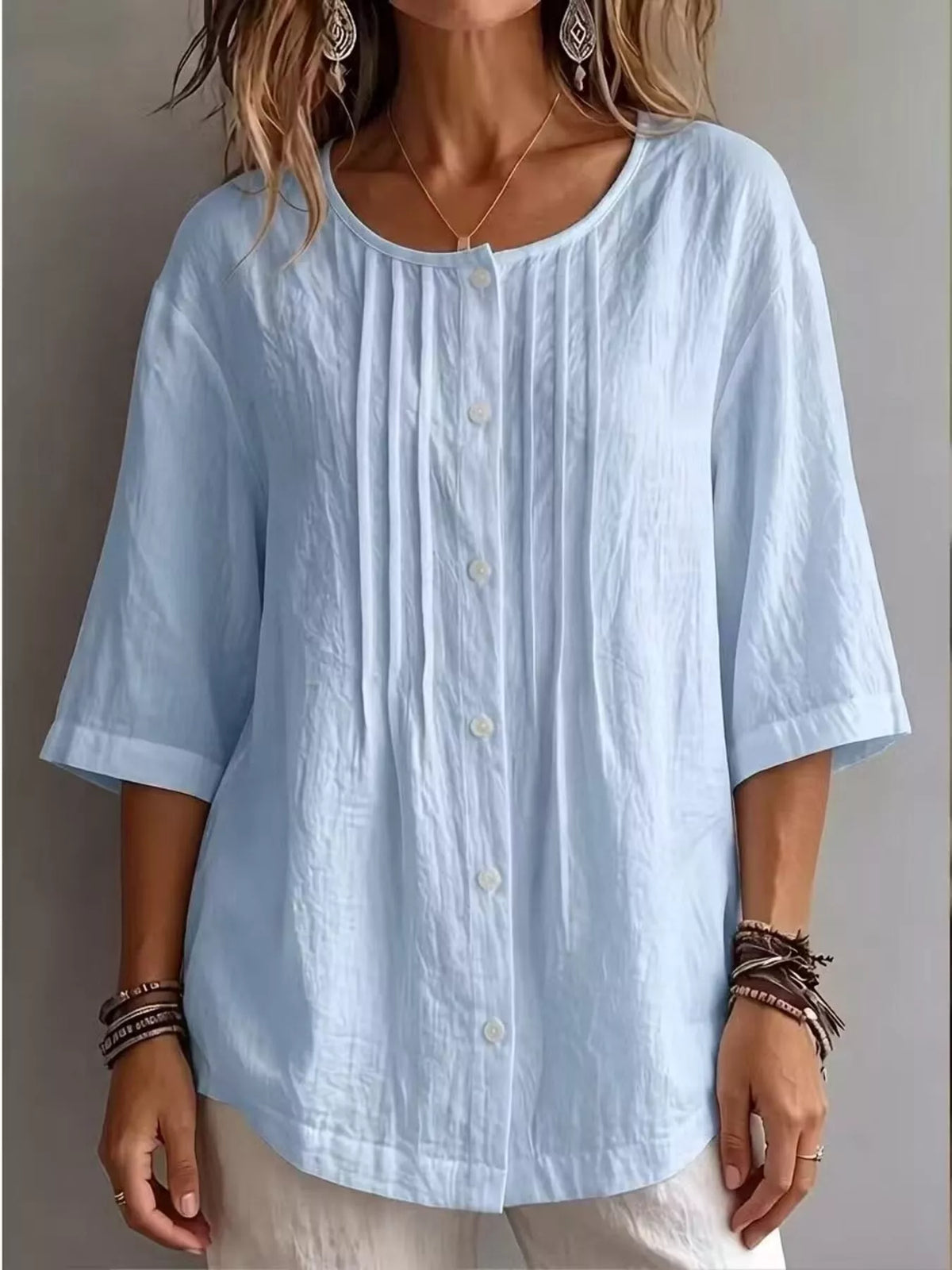 Full Size Texture Round Neck 3/4 Sleeve Blouse Plus Size