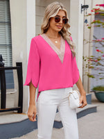 V-Neck Lace Trim Blouse - Ladyez
