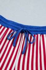 Stripe Colorblock Trim V Neck Tee Drawstring Elastic Waist Shorts Set