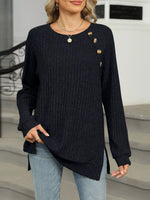 Round Neck Side Slit Ribbed Knit Top with Asymmetric Button Detail
