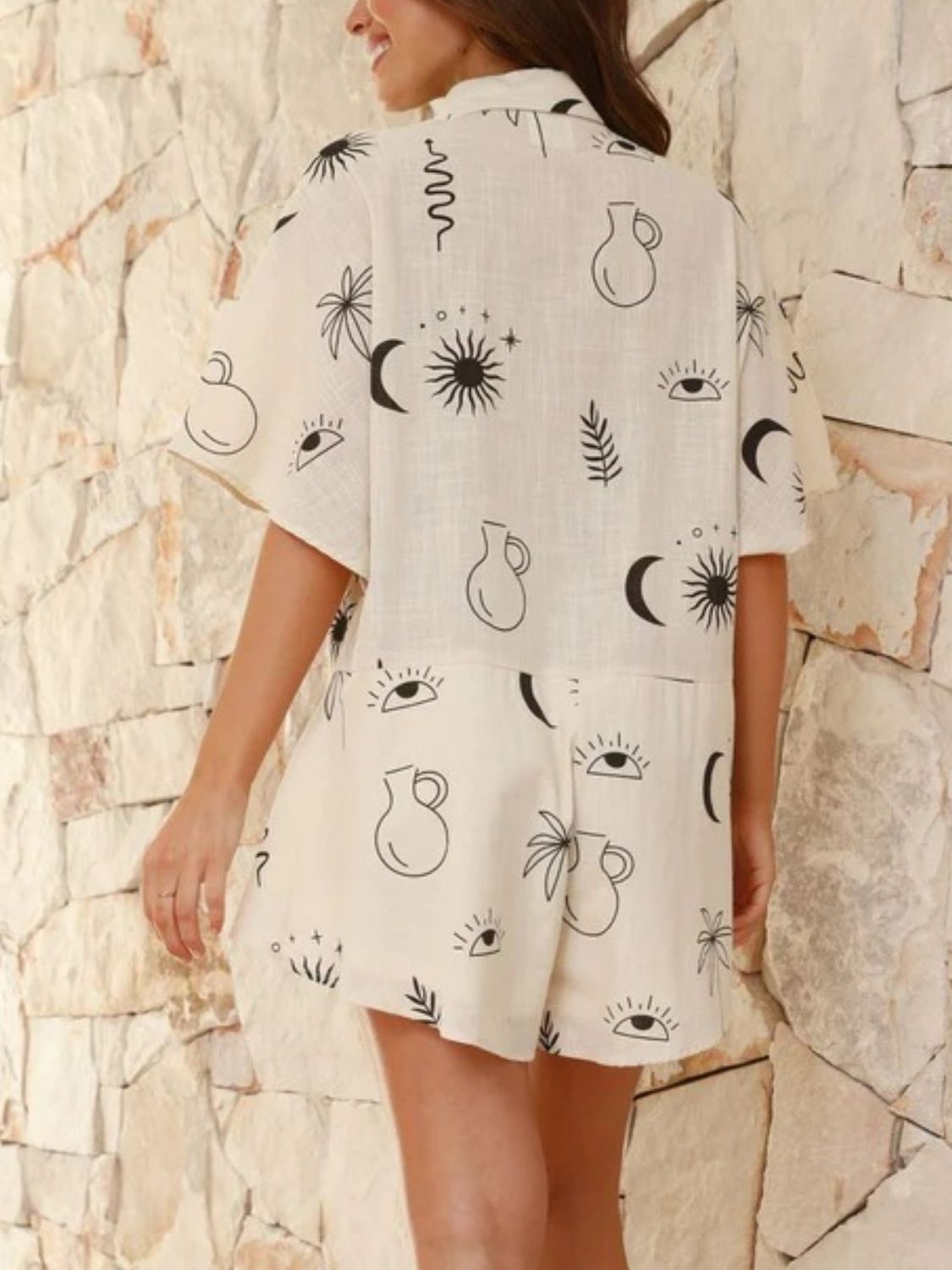 Printed Collared Neck Half Sleeve Romper - Ladyez