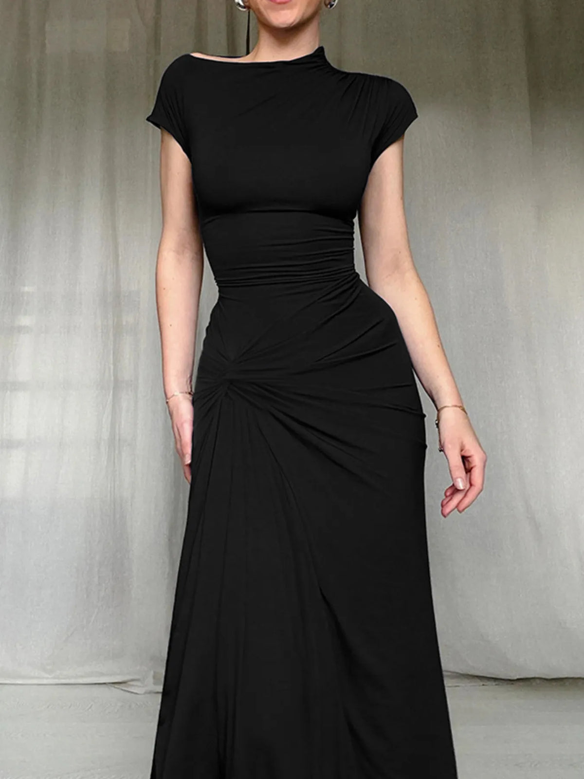 Ruched Slit Cap Sleeve Maxi Dress - Ladyez
