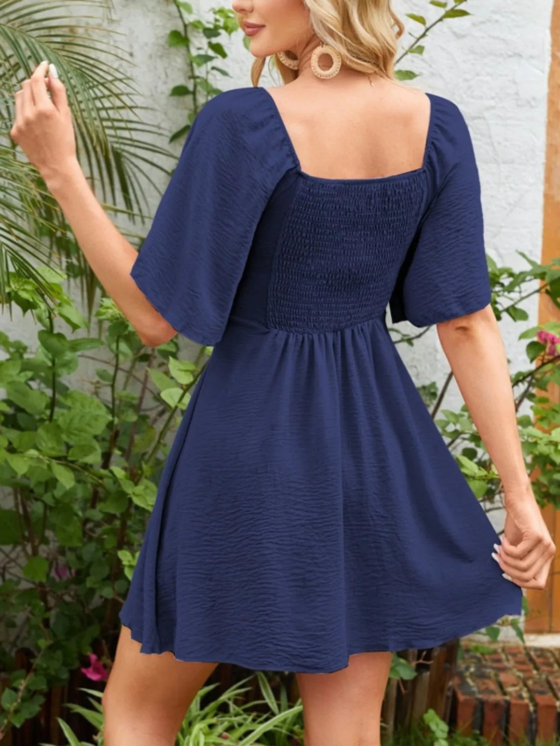 Smocked Back Knotted Flutter Sleeve Dress - Ladyez