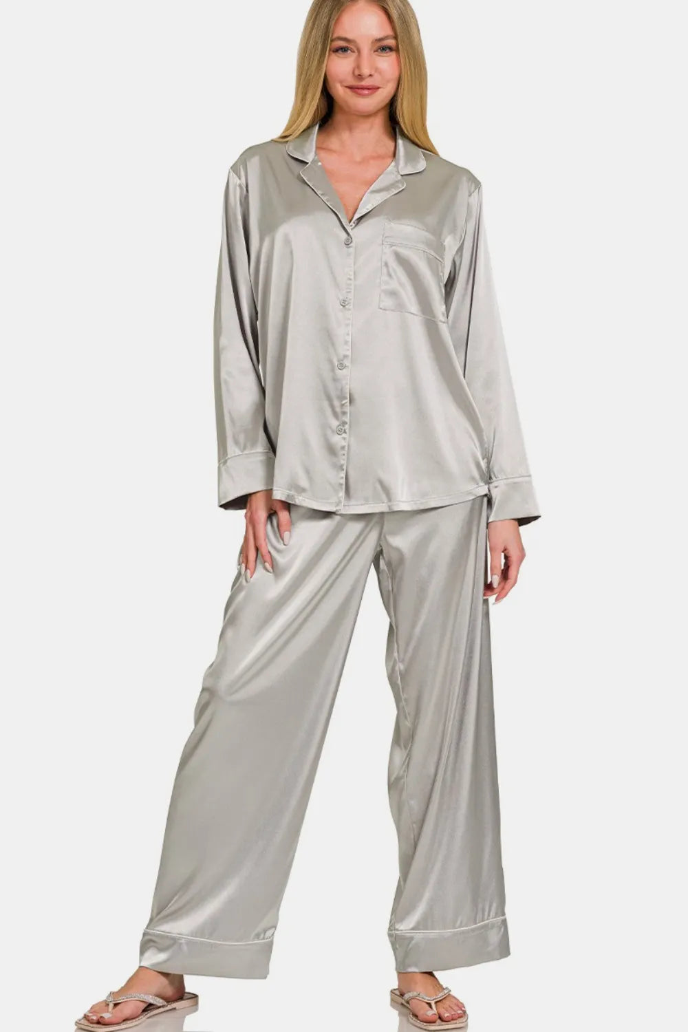 Zenana Satin Long Sleeve Shirt and Pants Pajama Set - Ladyez