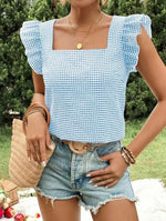 Ruffle Sleeve Gingham Square Neck Top - Ladyez