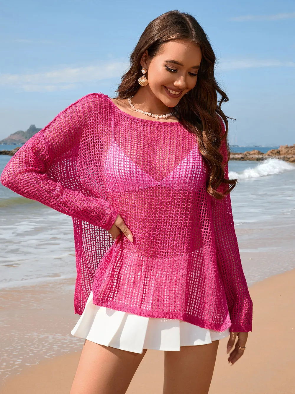 Openwork Slit Boat Neck Long Sleeve Cover-Up - Ladyez