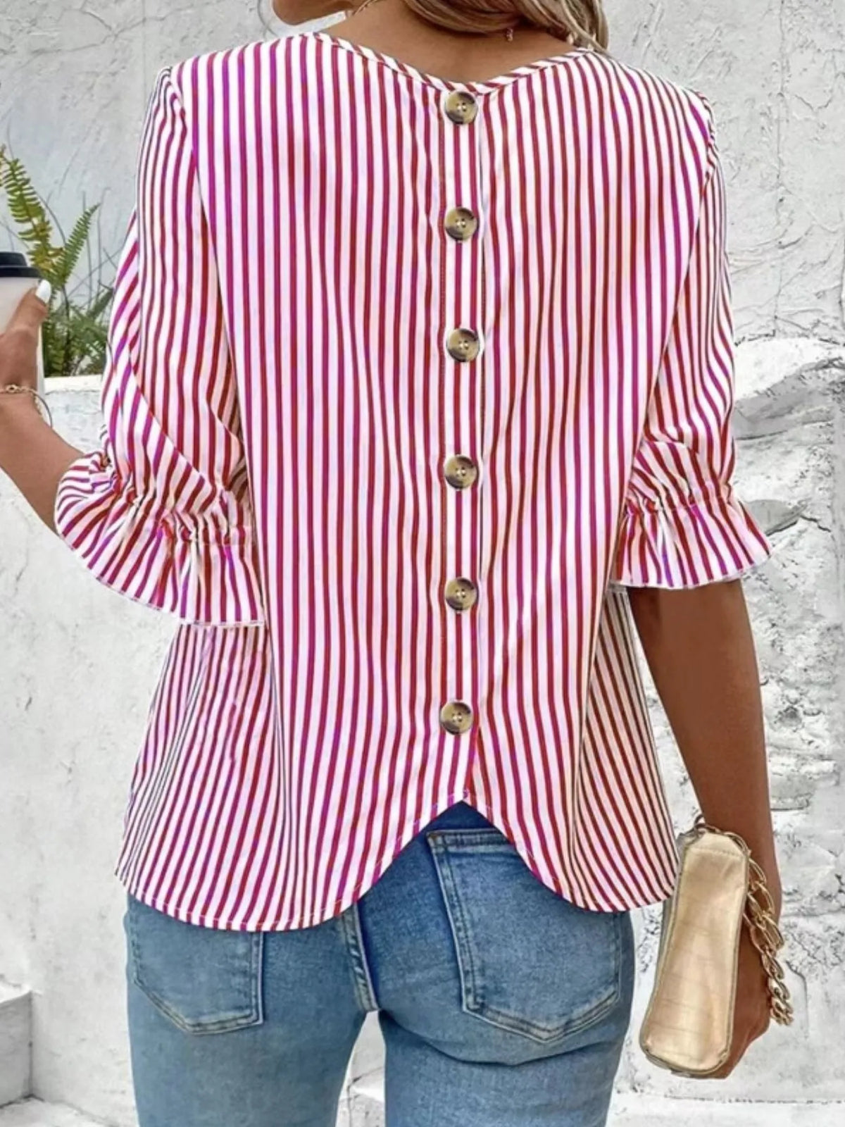 Striped Round Neck Half Sleeve Casual Blouse - Ladyez