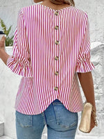 Striped Round Neck Half Sleeve Casual Blouse - Ladyez