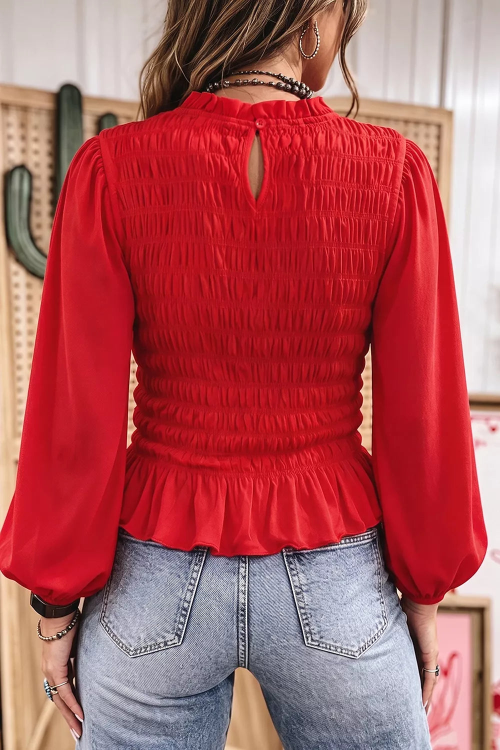 Smocked Balloon Sleeves Peplum Blouse