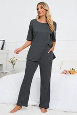 Slit Round Neck Top and Pants Lounge Set - Ladyez