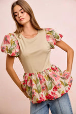 BiBi Floral Printed Bubble Sleeves and Hem Peplum Top