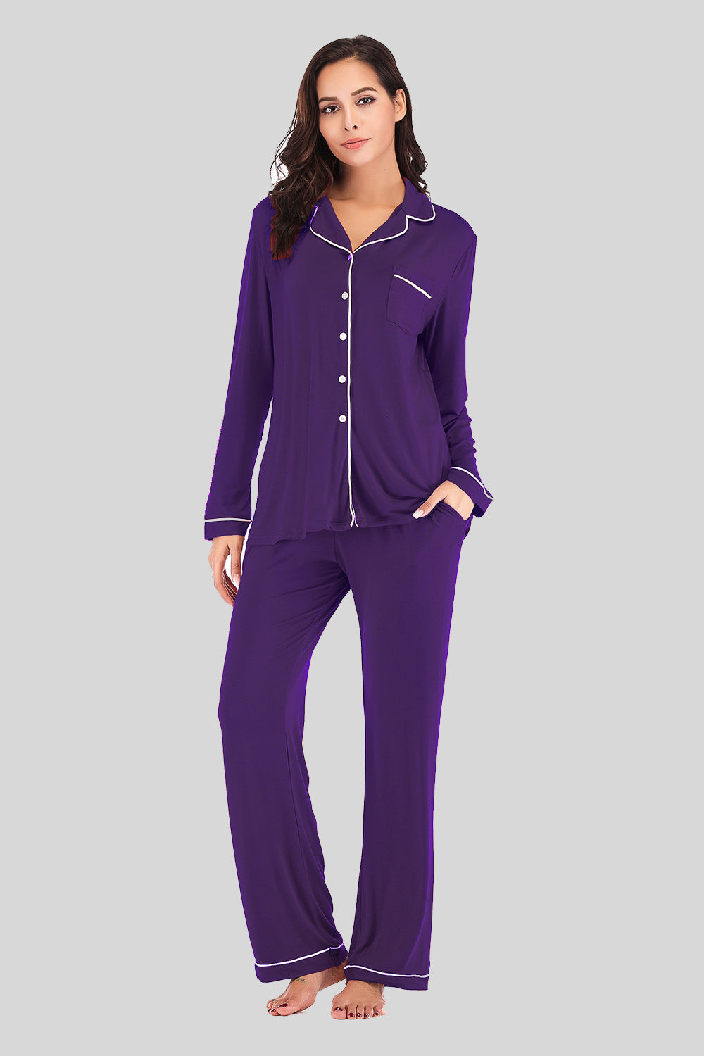 Collared Neck Long Sleeve Loungewear Set with Pockets - Ladyez
