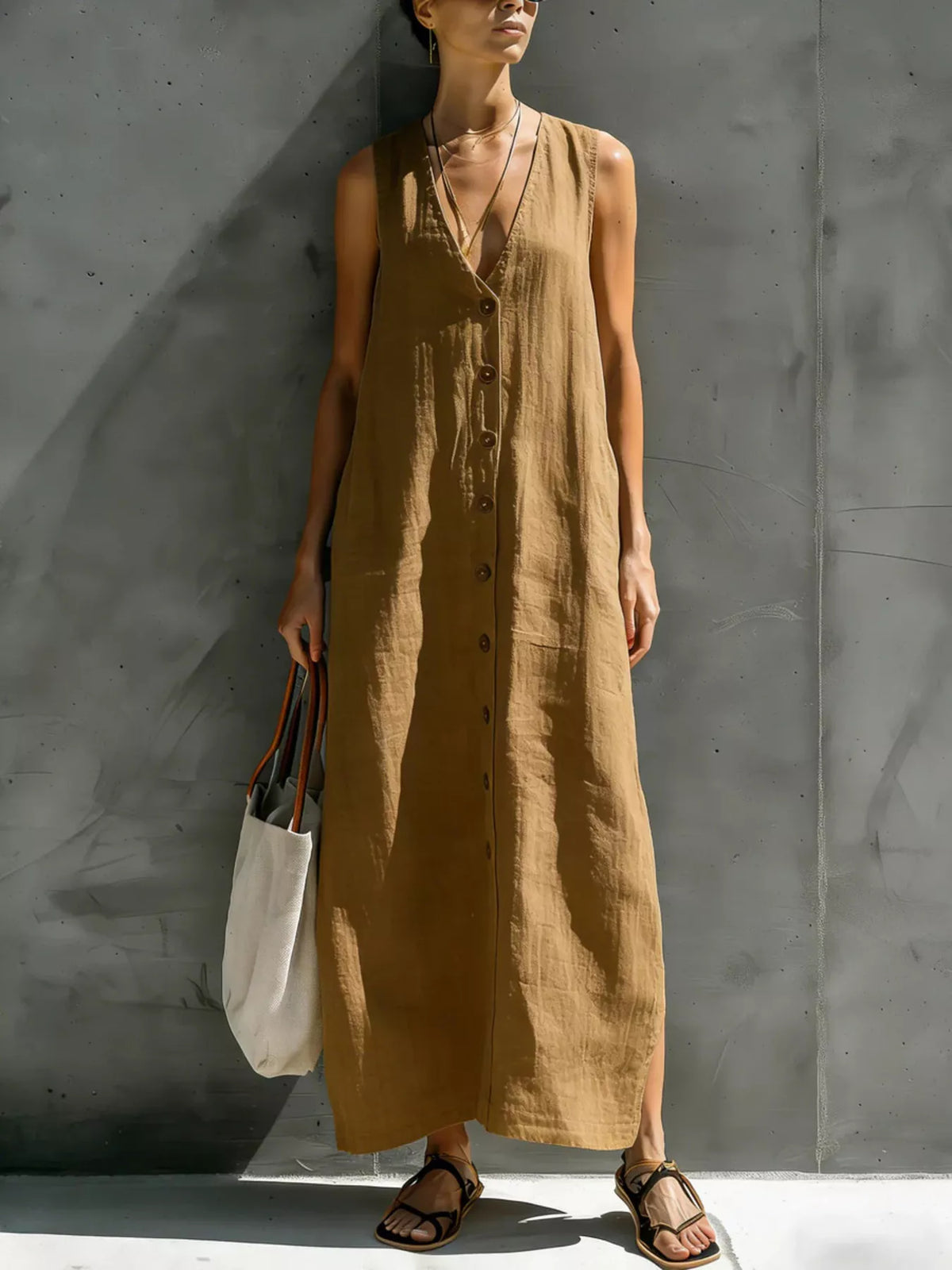 Full Size Sleeveless V-Neck Button-Down Linen Maxi Dress Plus Size