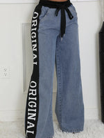 High Waist Wide Leg Denim Jeans with Side Letter Print - Ladyez