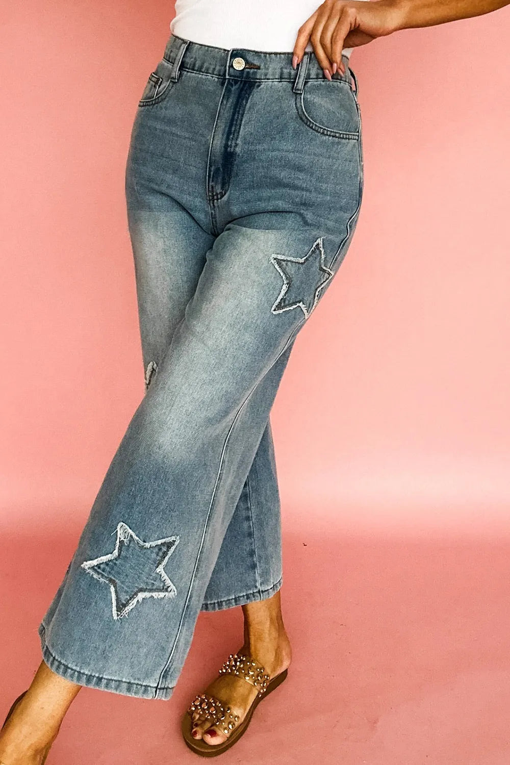 Star Embroidered High Waist Wide Leg Jeans - Ladyez