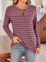 Lovelet Quarter Button Striped Round Neck Long Sleeve T-Shirt - Ladyez