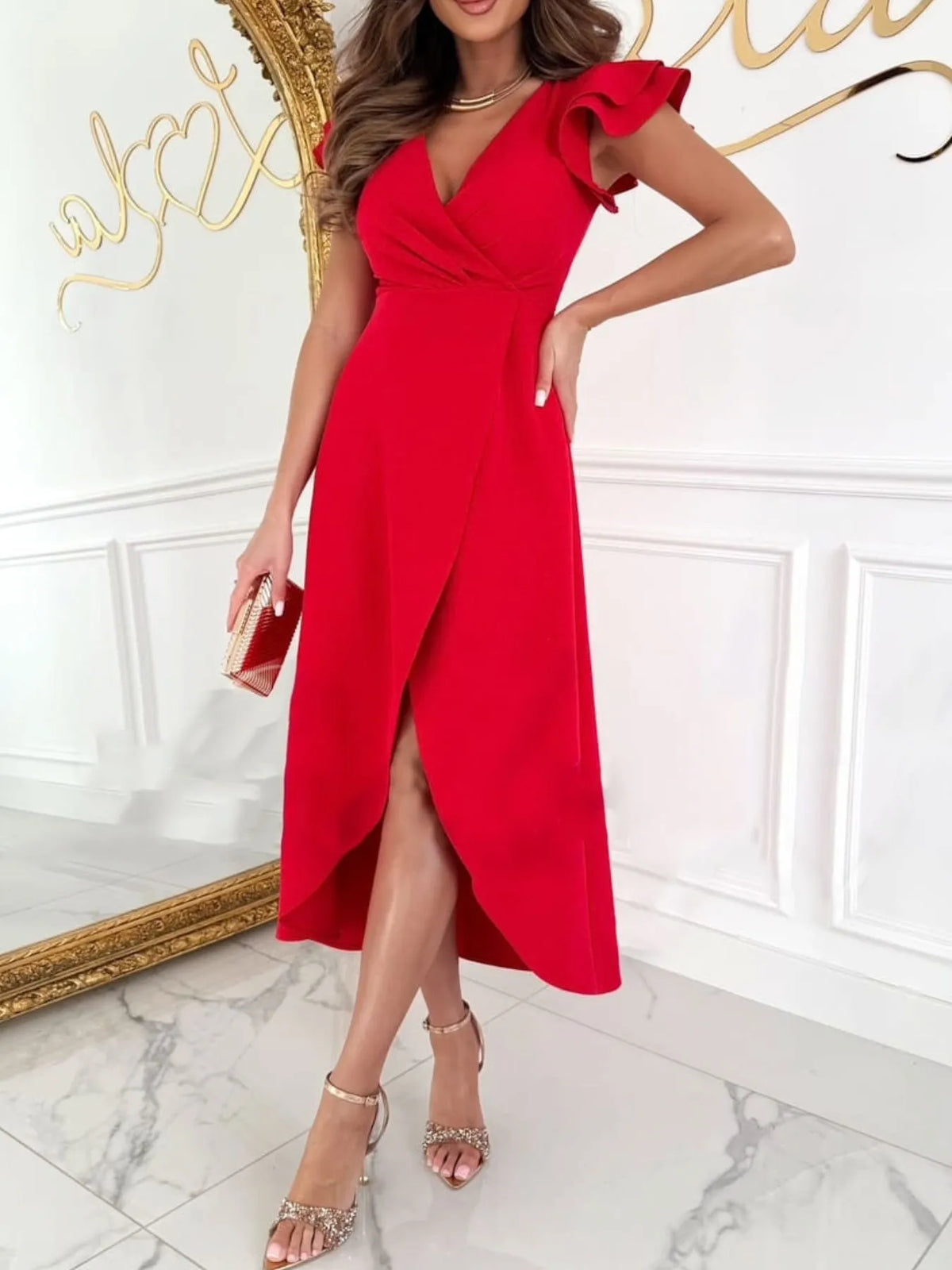 Surplice Ruffled Cap Sleeve Dress - Ladyez