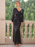 Sequin V-Neck Lantern Sleeve Maxi Dress - Ladyez
