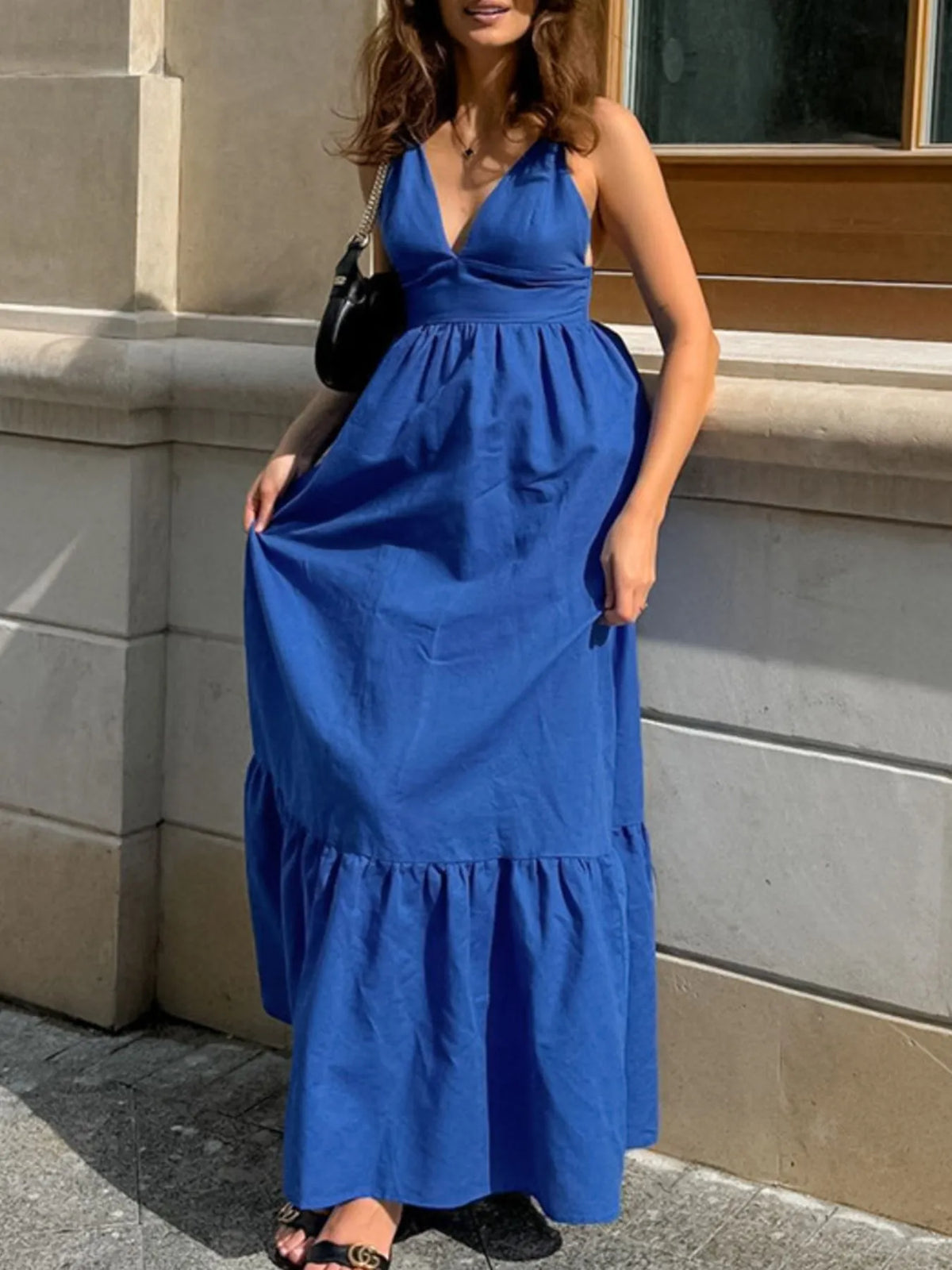 V-Neck Tiered Maxi Cami Dress - Ladyez