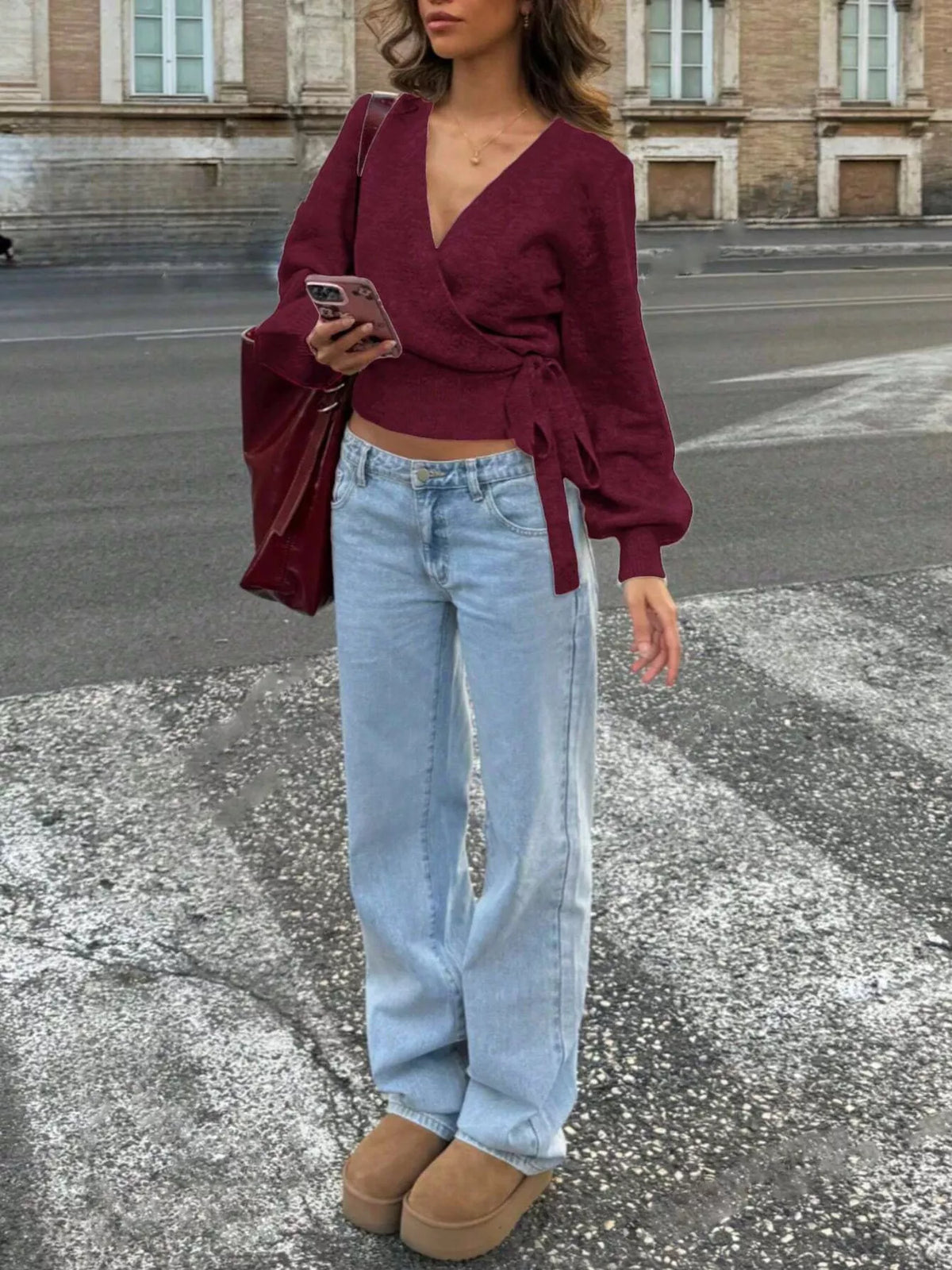 Tie Waist Surplice Sweater