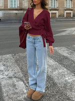 Tie Waist Surplice Sweater