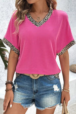 V-Neck Leopard Trim Ribbed Blouse