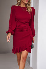 Devine Ruched Ruffled Balloon Sleeve Mini Dress - Ladyez
