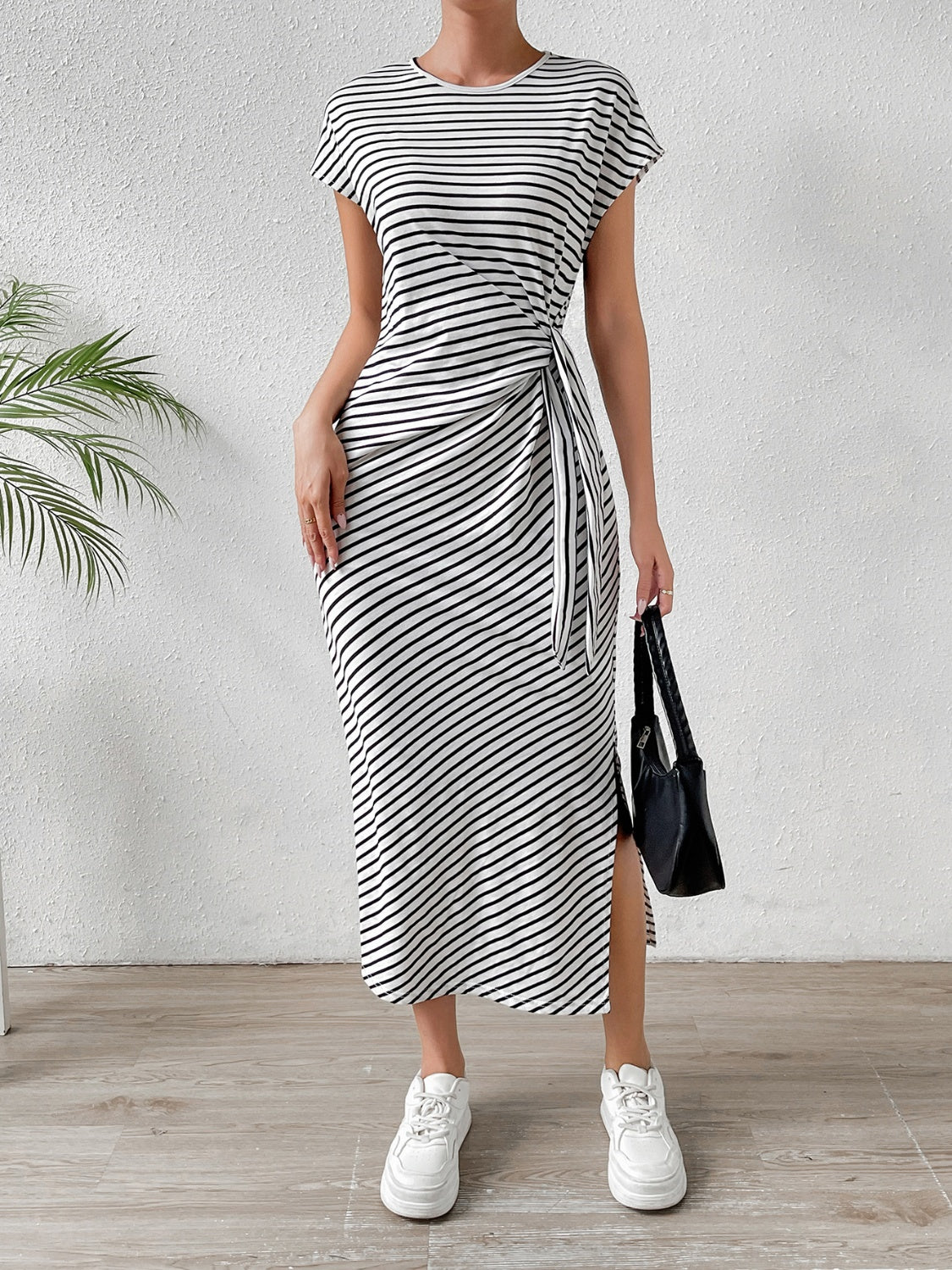 Honey Tied Striped Round Neck Short Sleeve Tee Dress - Ladyez