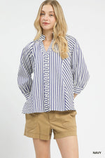 Umgee Striped V-Neck Button Down Top