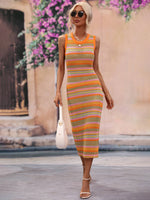 Striped Round Neck Sleeveless Midi Cover Up Dress - Ladyez