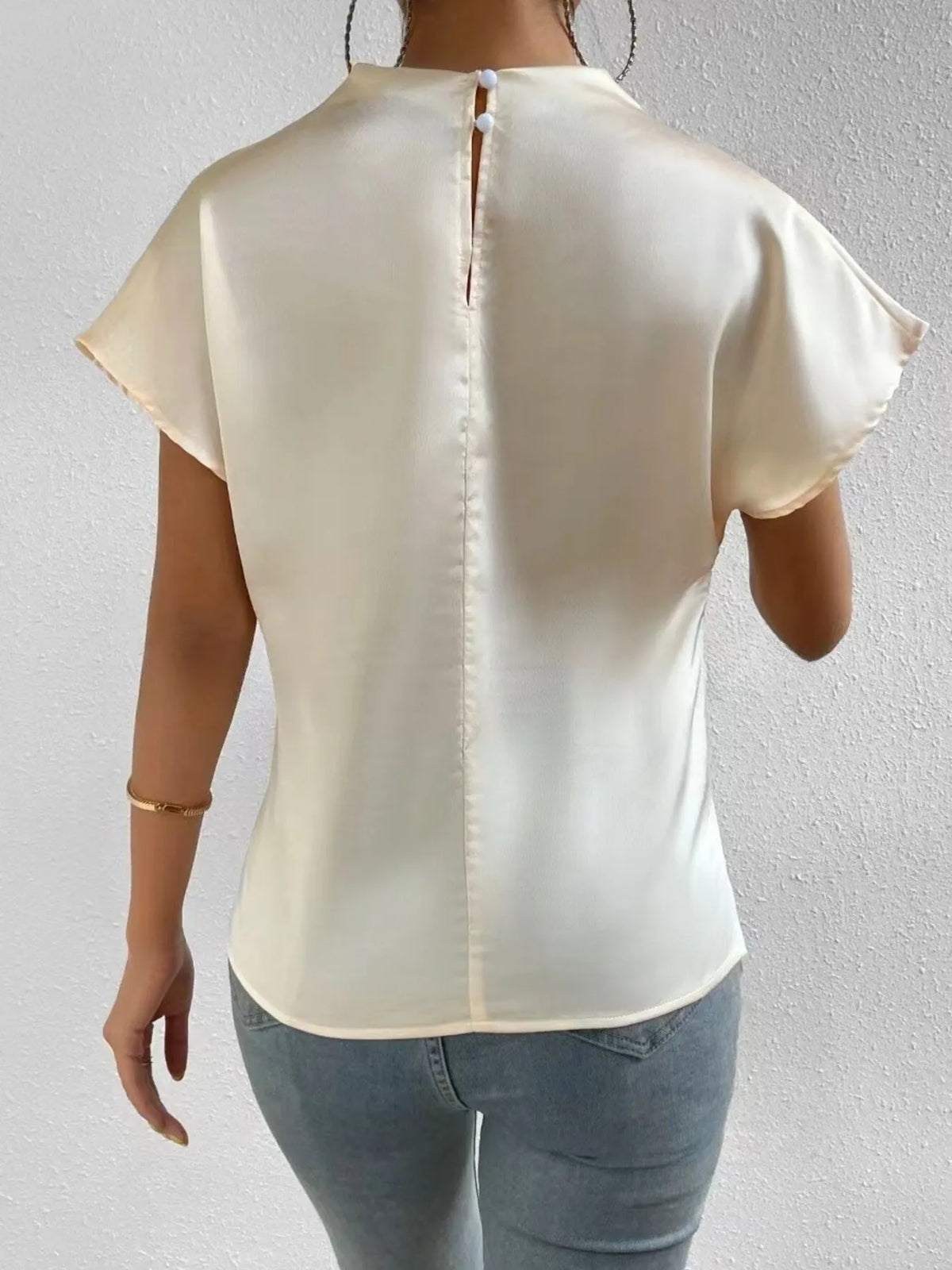 Mock Neck Short Sleeve Satin Blouse - Ladyez