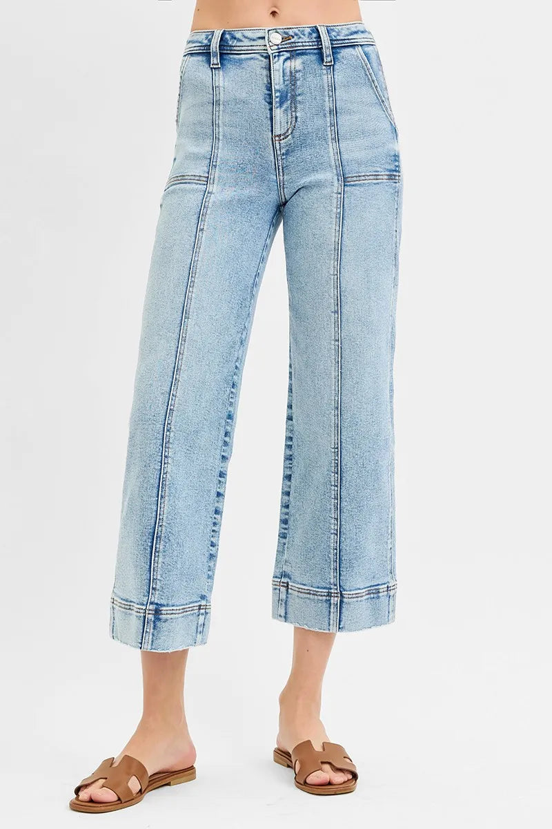 RISEN Full Size High Rise Crop Wide Front Seam Detailed Jeans Plus Size - Ladyez
