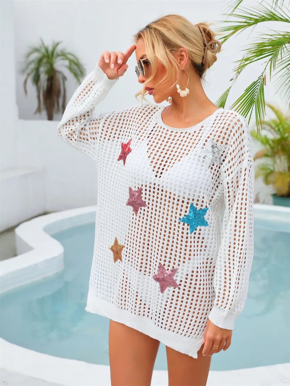 Angel Wings Sequin Star Round Neck Long Sleeve Cover Up - Ladyez