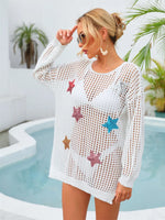 Angel Wings Sequin Star Round Neck Long Sleeve Cover Up - Ladyez