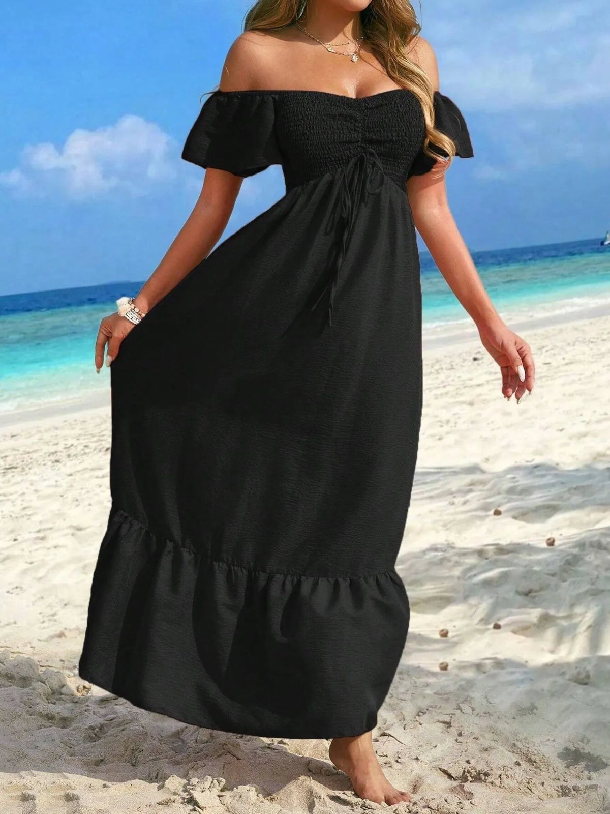 Off-Shoulder Smocked Maxi Dress with Ruffle Hem - Ladyez