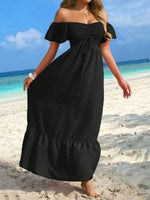 Off-Shoulder Smocked Maxi Dress with Ruffle Hem - Ladyez