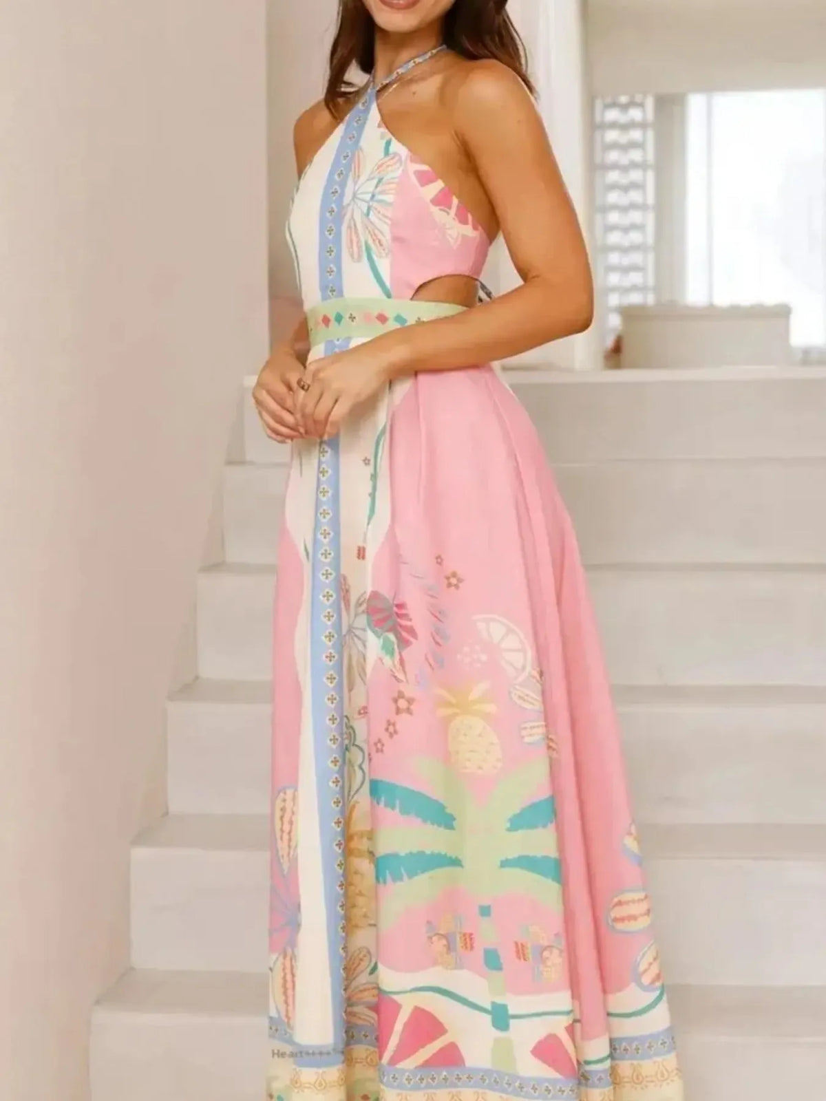 Halter Neck Printed Maxi Dress - Ladyez
