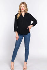 ACTIVE BASIC Full Size Notched Long Sleeve Woven Top