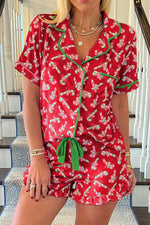 Candy Cane Collared Neck Top and Shorts Lounge Set - Ladyez