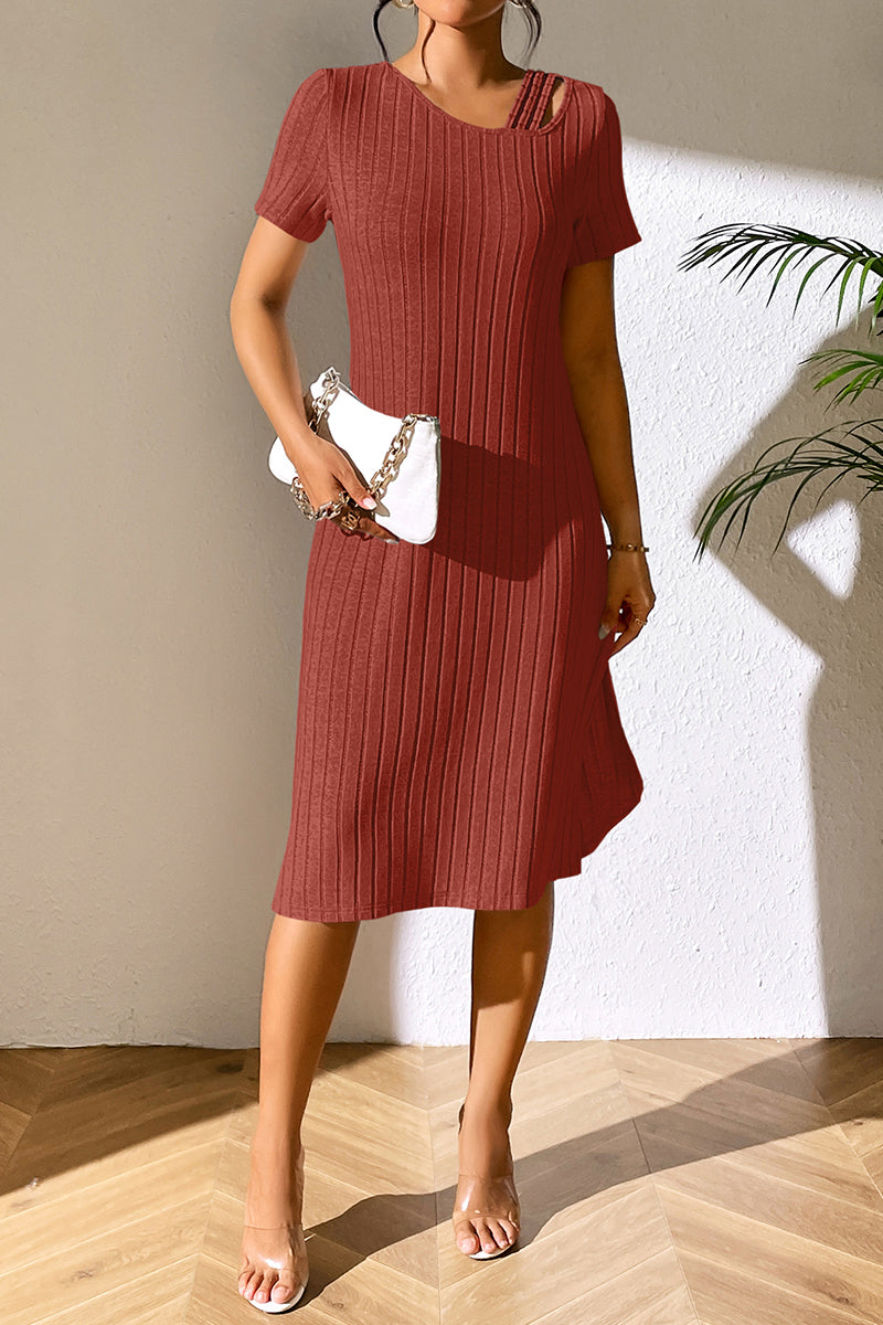 Ivy Lane Ribbed Asymmetrical Neck Short Sleeve Dress - Ladyez