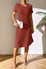 Ivy Lane Ribbed Asymmetrical Neck Short Sleeve Dress - Ladyez