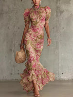Floral Print High-Neck Puff Sleeve Ruffle Hem Maxi Dress