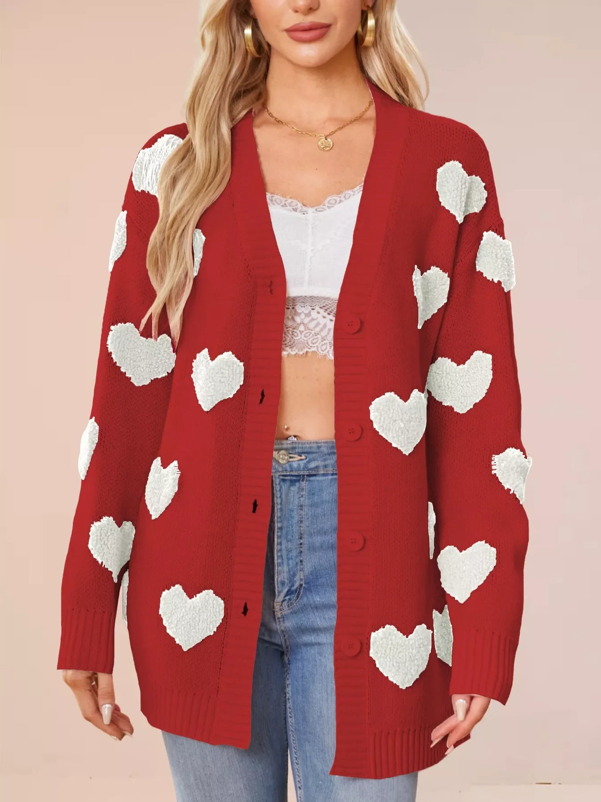 Heart Pattern Knit Button-Up Cardigan