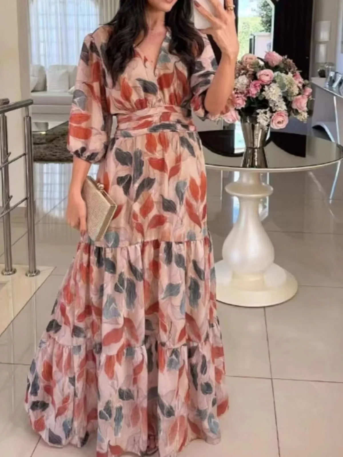 Full Size Printed V-Neck Maxi Dress with Tiered Hemline Plus Size