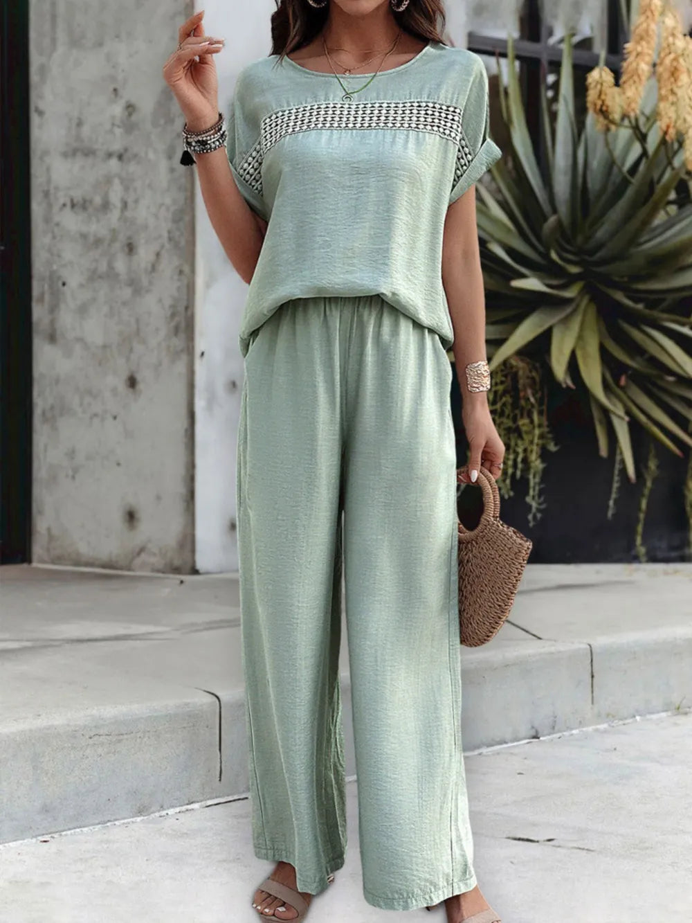 Round Neck Short Sleeve Top and Pants Set