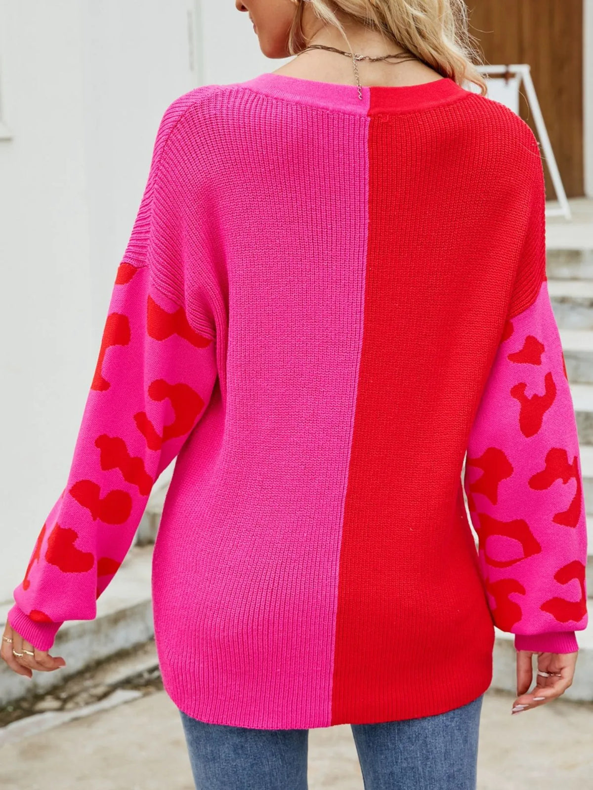 Color Block Leopard V-Neck Sweater