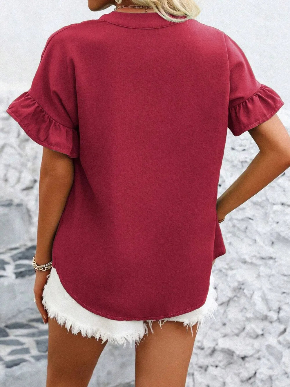 Button Down Ruffled Short Sleeve Shirt
