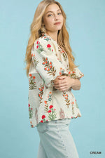 Umgee Floral Print Puff Sleeve Scallop Hem Blouse