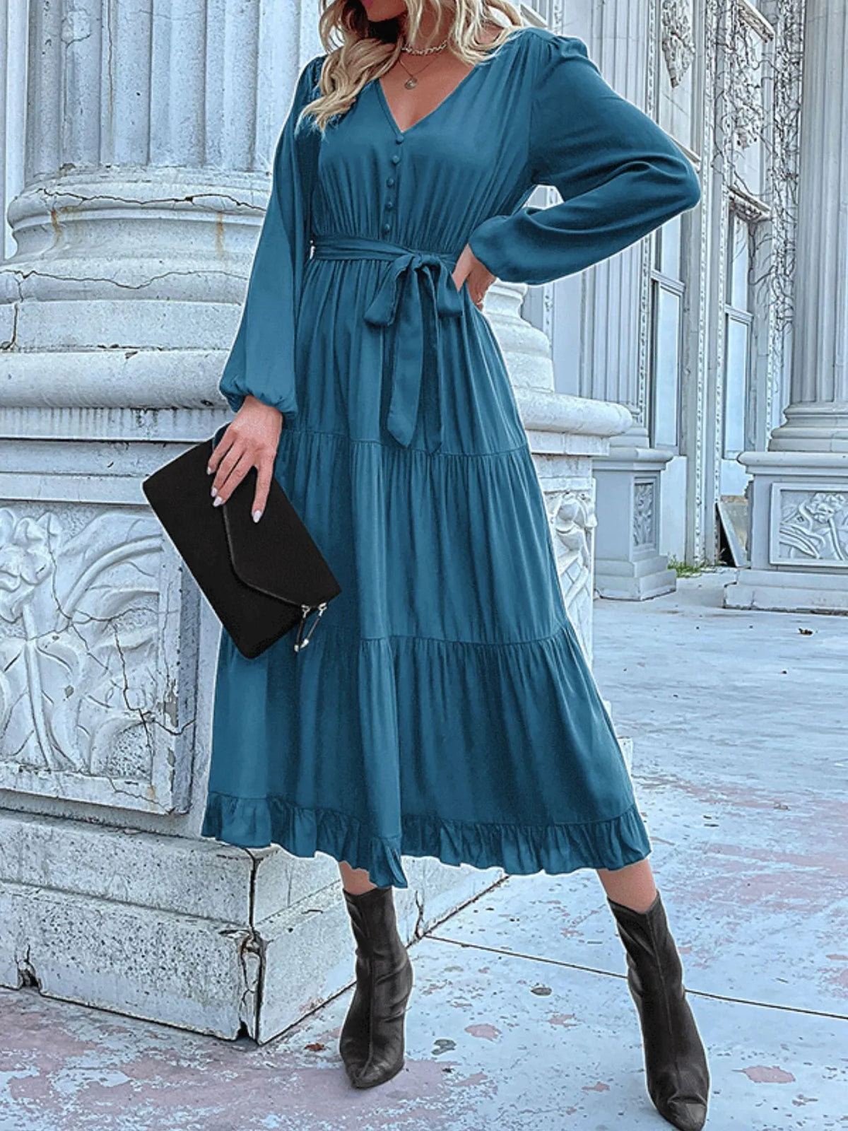 Ruffled Hem V-Neck Balloon Sleeve Dress