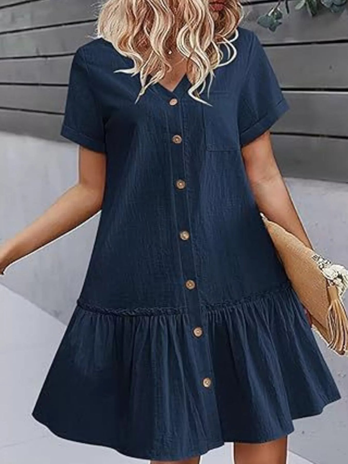 Full Size Button-Front Short Sleeve Tiered Dress Plus Size